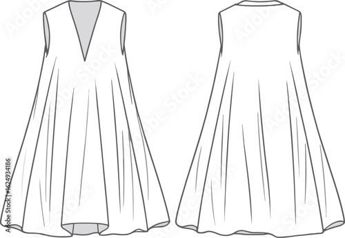 Minimalist A-Line Sleeveless Dress CAD Template — V-Neck Flowy Dress Flat Sketch, Front and Back Technical Fashion Illustration