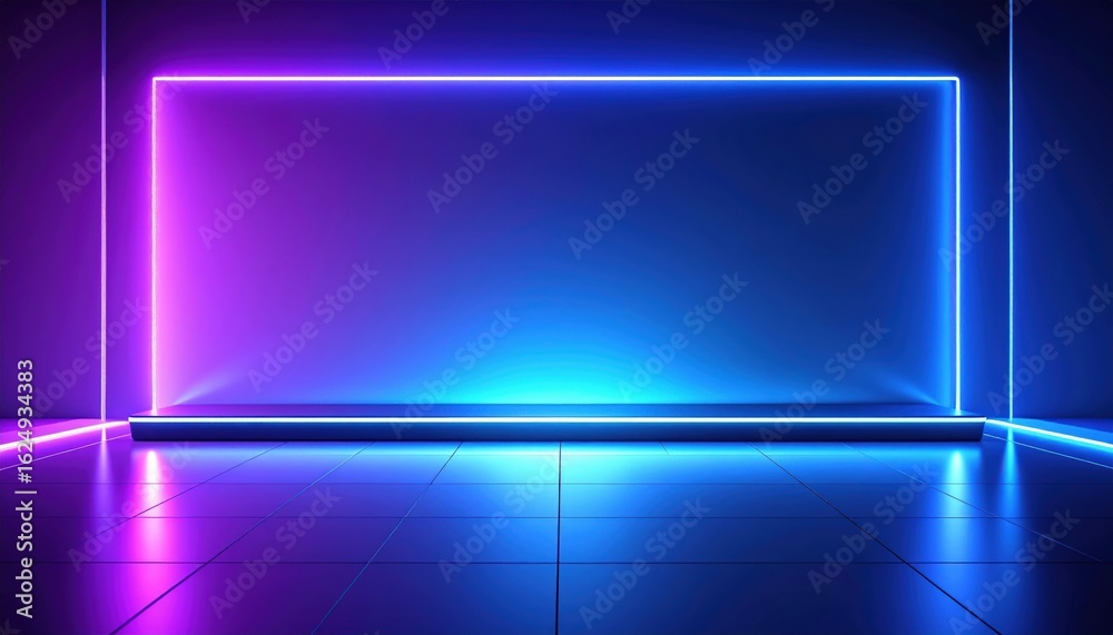 Obraz premium Dynamic neon light display studio space graphic design modern environment wide-angle view digital art concepts for creative projects