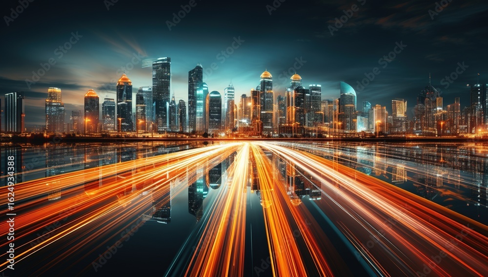 Fototapeta premium Long exposure of evening rush hour with cars racing in and out of Downtown. The light trails on the modern building background