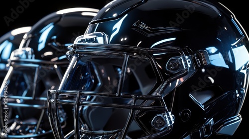 Wallpaper Mural Three black football helmets lined up and gleaming under stadium lights, depicted in a sharp and intense sports photography style Torontodigital.ca