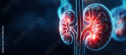 Close up of a glowing human kidney with intricate vascular network and internal structures highlighted in red and blue