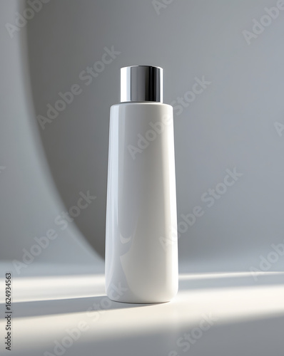 Contemporary shampoo packaging with simple cylindrical shape, silver cap, soft shadows and reflections on neutral background, emphasizing form and purity in product design