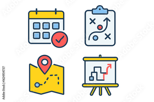 Business planning icons featuring calendar, map, strategy, and chart planning visualization icons