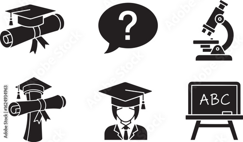 Educational Icons Set Graduation Cap, Diploma, Inquiry, Science & Chalkboard Symbols