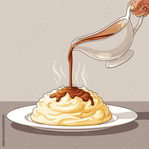 Creamy mashed potatoes topped with savory gravy on white plate  