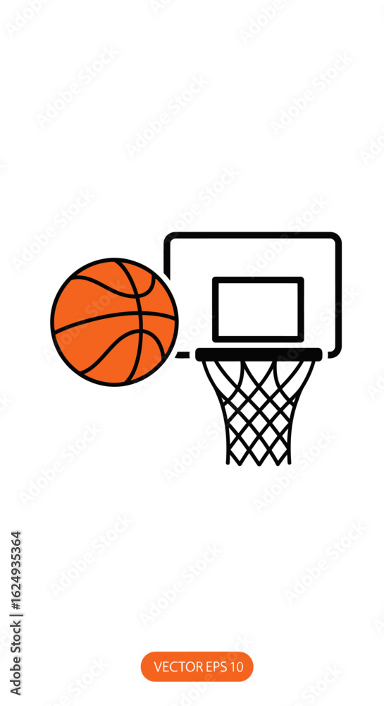 Basketball and Hoop Icon: Orange Ball with Black Outlines and Net Basketball and Hoop Icon: Orange Ball with Black Outlines and Net