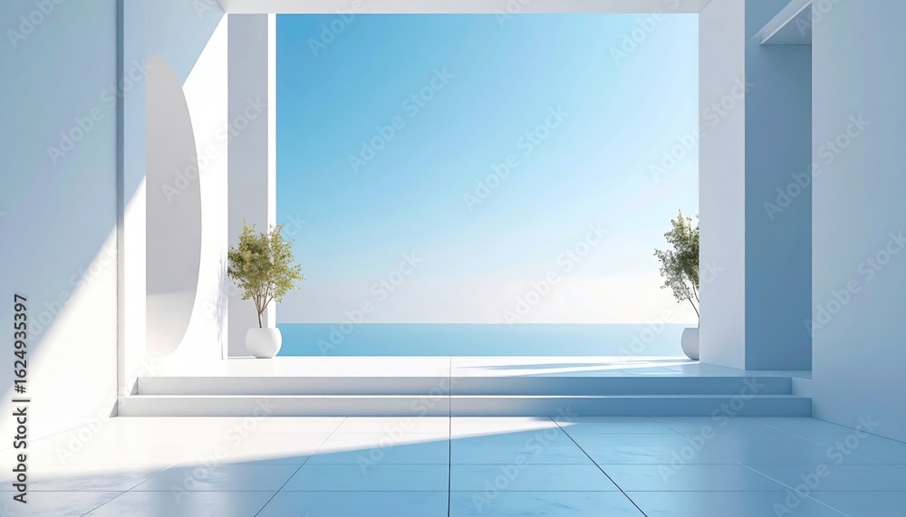 Fototapeta premium Architectural serenity modern open space with ocean view coastal environment minimalist design tranquil atmosphere