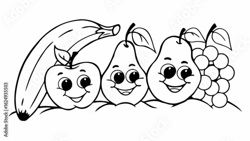 Whimsical fruit friends with happy faces offer a playful touch for kids' designs and cheerful food-themed projects, originally vector