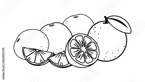 Freshly cut oranges with leaves, a vibrant citrus burst for healthy living promotions and summer recipe inspiration, hand drawn style