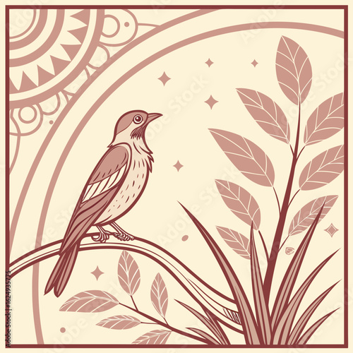 Elegant bird perched on a branch with stylized foliage and decorative sun motif