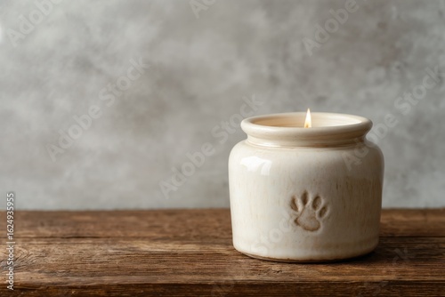 Ceramic candle with paw print on wooden table