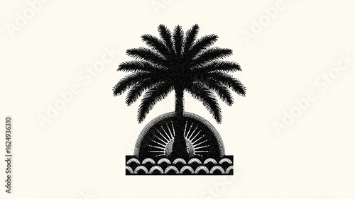 Stylish Tropical Palm Tree Silhouette with Geometric Sunburst and Waves Design