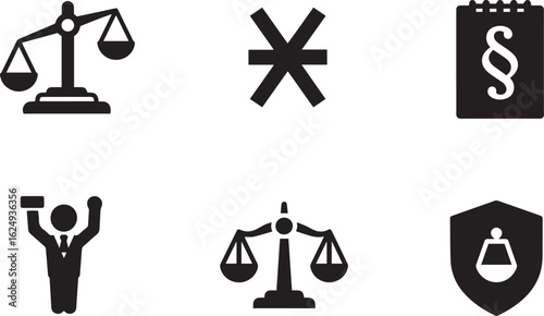 Justice Icons Judge, Shield, Paragraph Symbol, Scales, Law Book & Gavel for Legal and Judicial Use