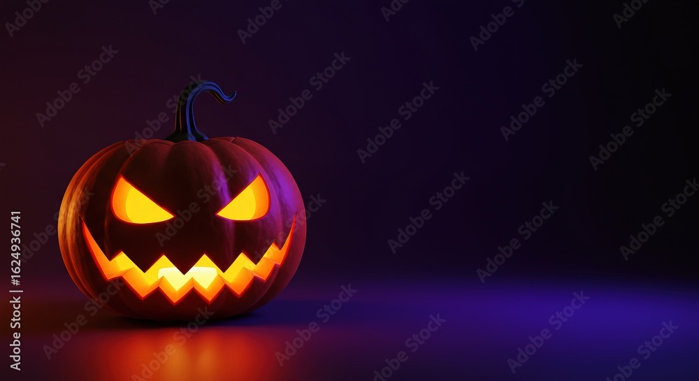Spooky Halloween pumpkin carving glowing menacingly in the dark with sinister smile and sharp teeth Spooky Halloween pumpkin carving glowing menacingly in the dark with sinister smile and sharp teeth