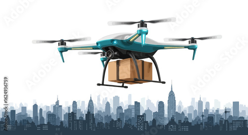 Teal and White Drone Delivering Cardboard Package