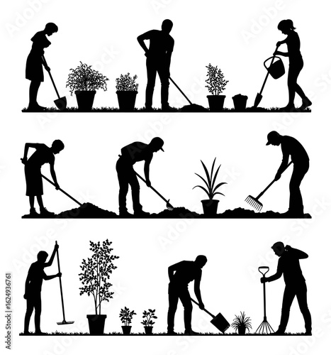 Gardening silhouettes people planting watering raking digging vector