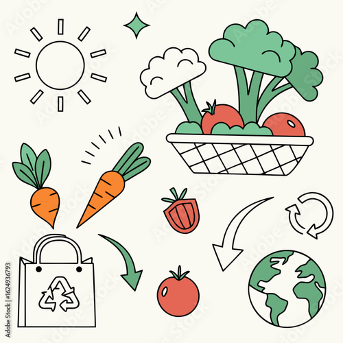 Healthy organic vegetables and fruits for a sustainable lifestyle with recycling and earth elements