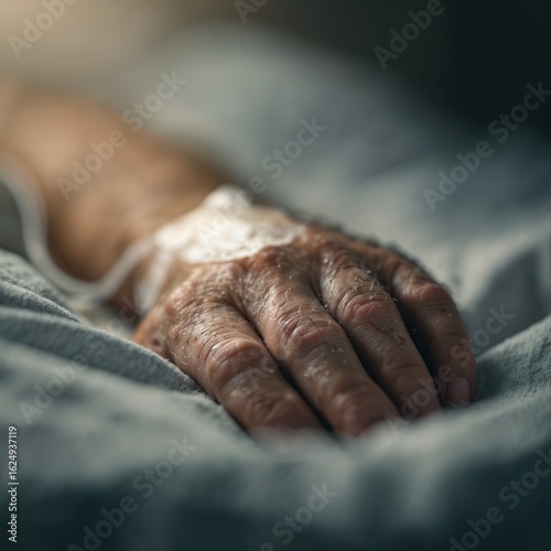  Elderly hand with IV drip resting on hospital bed