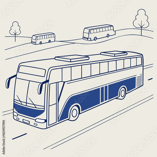 Modern blue and white line art illustration of a tour bus driving on a road with other buses in the background
