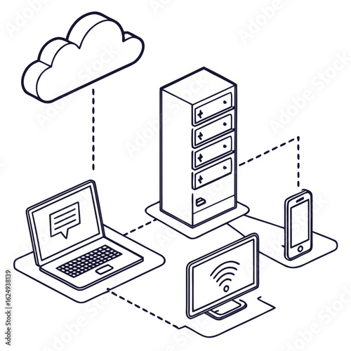 Modern isometric illustration of cloud computing network connecting devices and servers with data flow