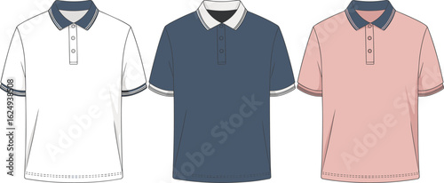 Men’s Short Sleeve Polo Shirt Vector Template – Flat Fashion Sketch of Casual Collar Shirt with Contrast Placket and Sleeve Trim Detail
