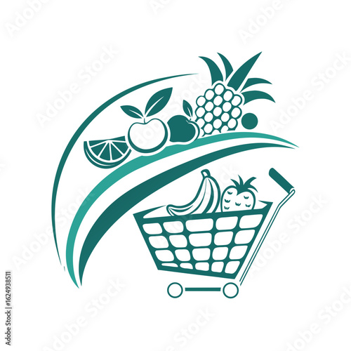 A minimal and modern vector logo that combines a shopping cart (to symbolize e-commerce) with fresh fruits (apple, orange, grapes, or banana) arranged inside or as part of the cart design. The fruits 