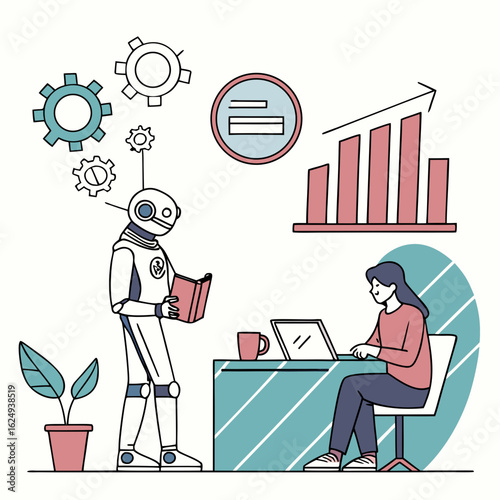 Robot assisting a woman working on a laptop with gears and growth chart in the background