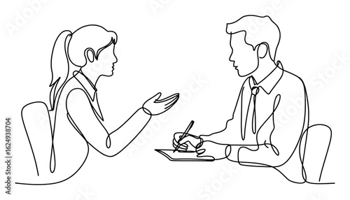 Woman talking man writing interview people conversation