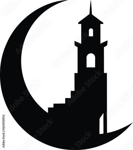 Crescent moon and lighthouse silhouette isolated on white background