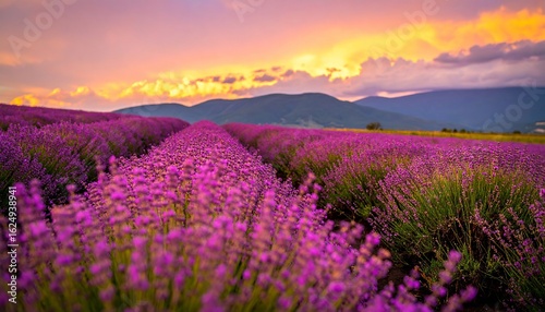 Vibrant lavender field stretching toward the horizon under a glowing sunset sky, warm golden light casting soft shadows. Serene nature scene perfect for relaxation and tranquility
