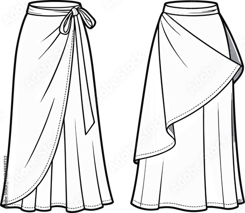 Long wrap skirt fashion flat template front and back view, cad drawing vector illustration, flared hem, tied waist flowy skirt