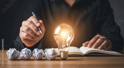 Brainstorming and inspiration moment featuring light bulb, crumpled drafts, and writing tools
