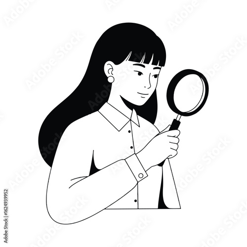 Curious woman closely observing with magnifying glass for search, research, or discovery purpose