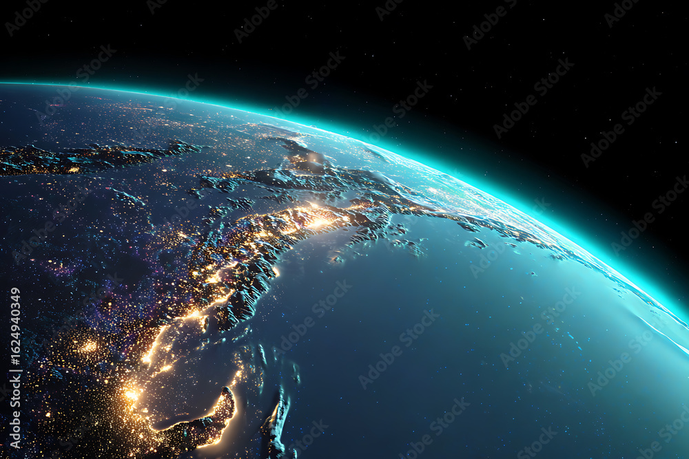 Fototapeta premium Dramatic View of Earth from Space at Night, Showcasing City Lights and Atmospheric Glow on the Horizon