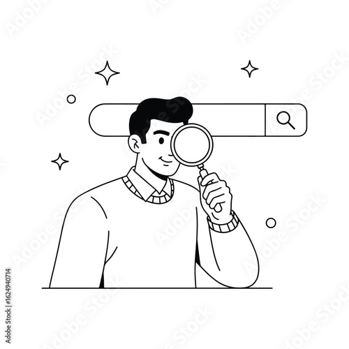 Male figure observing with magnifying glass symbolizing research, search or discovery process