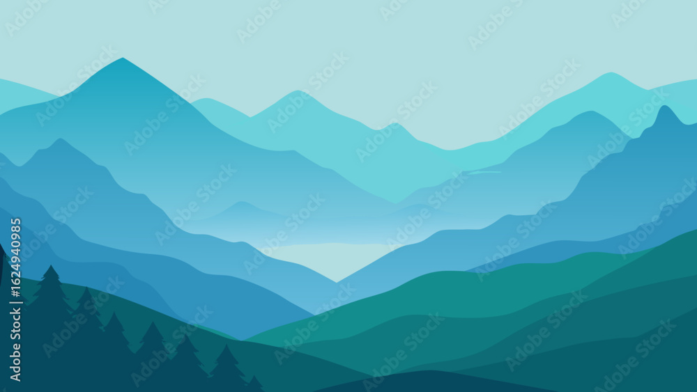 Fototapeta premium Peaceful Mountain Valley with Layered Hills and Gentle Mist