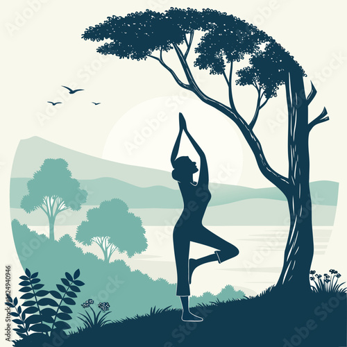 Silhouette of a woman practicing yoga tree pose under a large tree with a scenic landscape background