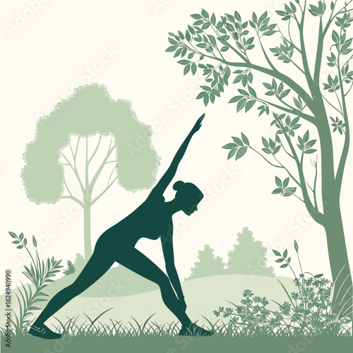 Silhouette of a woman practicing yoga in a peaceful park setting with trees and grass
