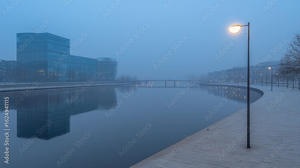 Fototapeta premium Misty Morning Reflection in City Canal