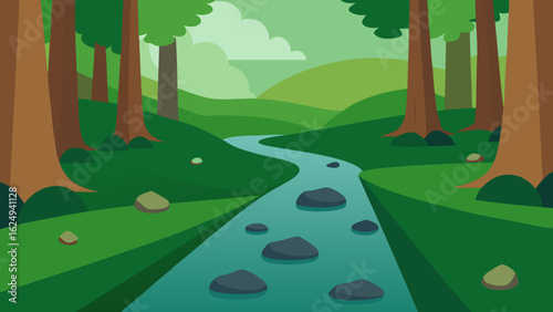 Quiet Forest Stream with Pebbled Shore and Lush Green Moss