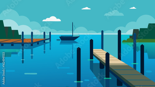 Quiet Marina with Still Water and Dock Pilings in Vector Art