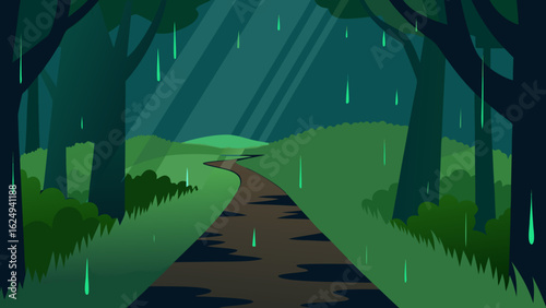 Serene Rain Soaked Path Through a Dense Green Forest Landscape