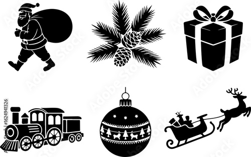 Christmas silhouettes Santa March Pine Cluster Gift Wrap Toy Train Ornament Shine and Flying Sleigh