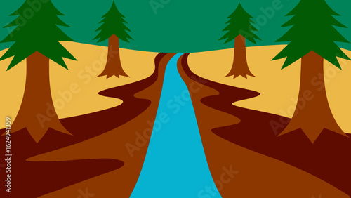 River Cutting Through Redwood Forest with Thick Roots and Greenery