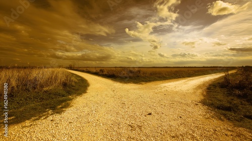 Dramatic split road with atmospheric tension, illustrating fateful choices for cinematic visuals, educational seminars, or metaphor-based design.