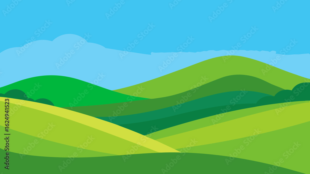 Obraz premium Picturesque Rolling Green Hills Under a Clear Blue Sky Landscape