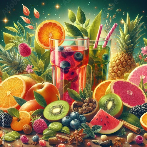 Vibrant fruits, drinks symbolize eco-friendly digital sustainability, nurtured by green tech, eco innovation, renewable energy, AI for smart cities.