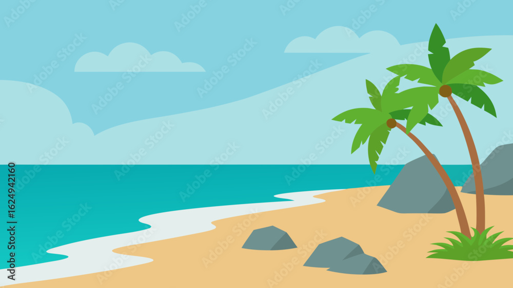 Fototapeta premium Smooth Tropical Beach with Minimalist Leaves and Elegant Rock Formations