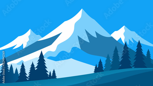 Beautiful Snow Capped Mountain Landscape with Pine Trees and Clear Sky