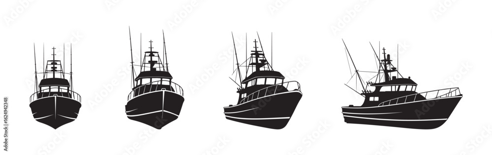Fototapeta premium Set of a sport fishing boat silhouettes from different angles. Collection of a charter fishing boat in front, side and perspective views On white background